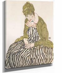 Edith With Striped Dress Sitting by Egon Schiele