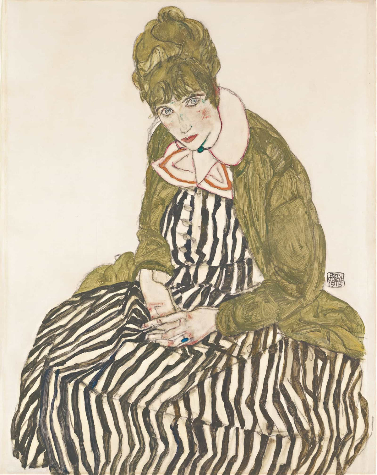 Edith With Striped Dress Sitting by Egon Schiele
