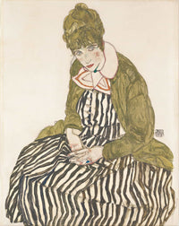 Edith With Striped Dress Sitting by Egon Schiele