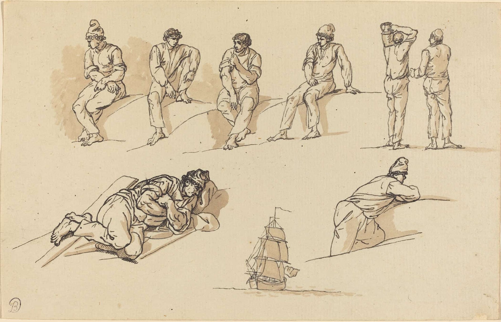 Eight Studies Of Figures And A Ship At Sea by Claude Joseph Vernet