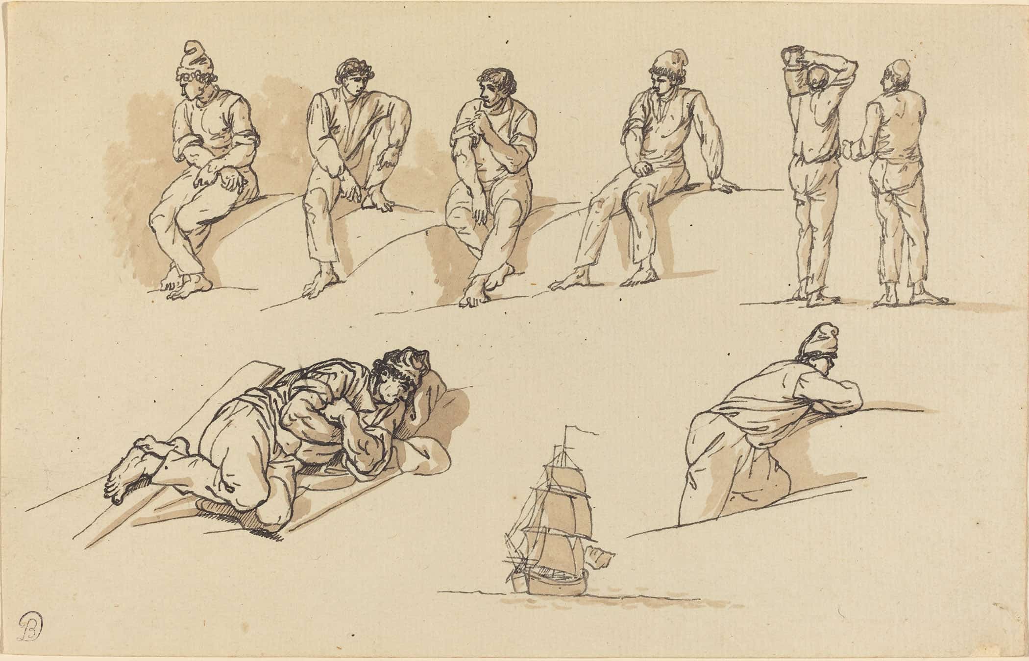 Eight Studies Of Figures And A Ship At Sea by Claude Joseph Vernet