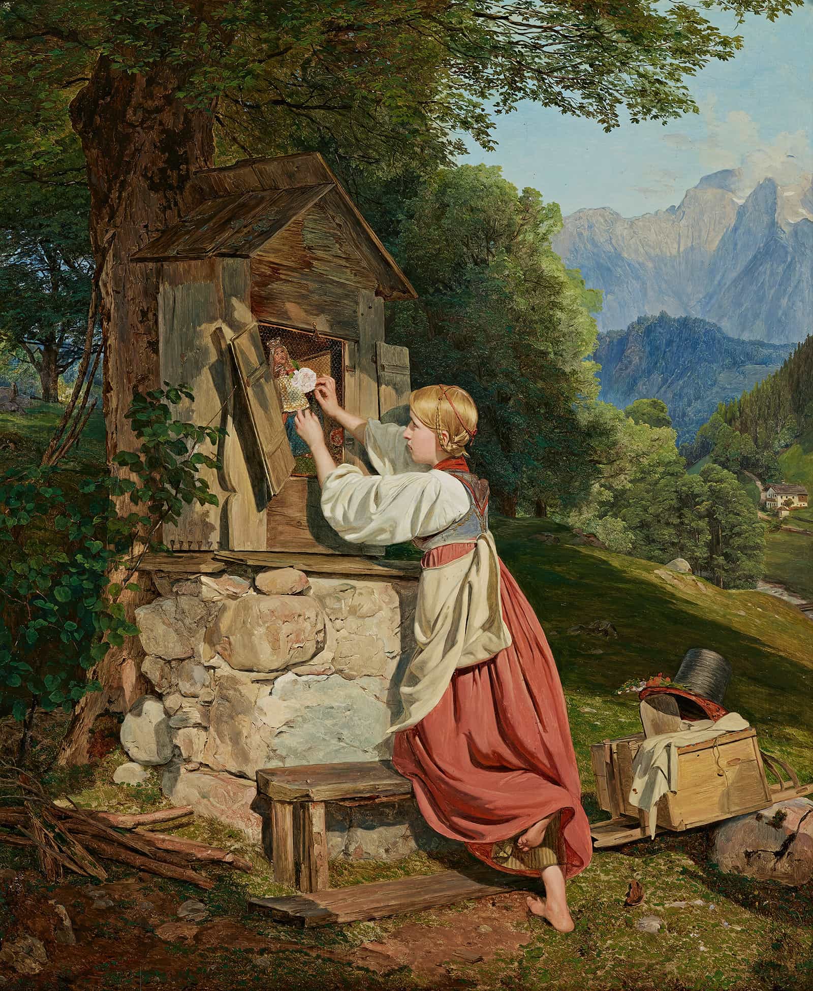 Ein Madchen Schmuckt Die Mutter Gottes Mit Einer Rose by Ferdinand Georg Waldmuller