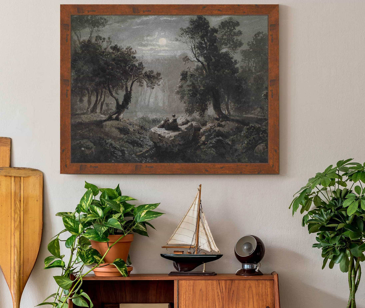 Eine Romantische Waldlandschaft Im Mondlicht by Oswald Achenbach