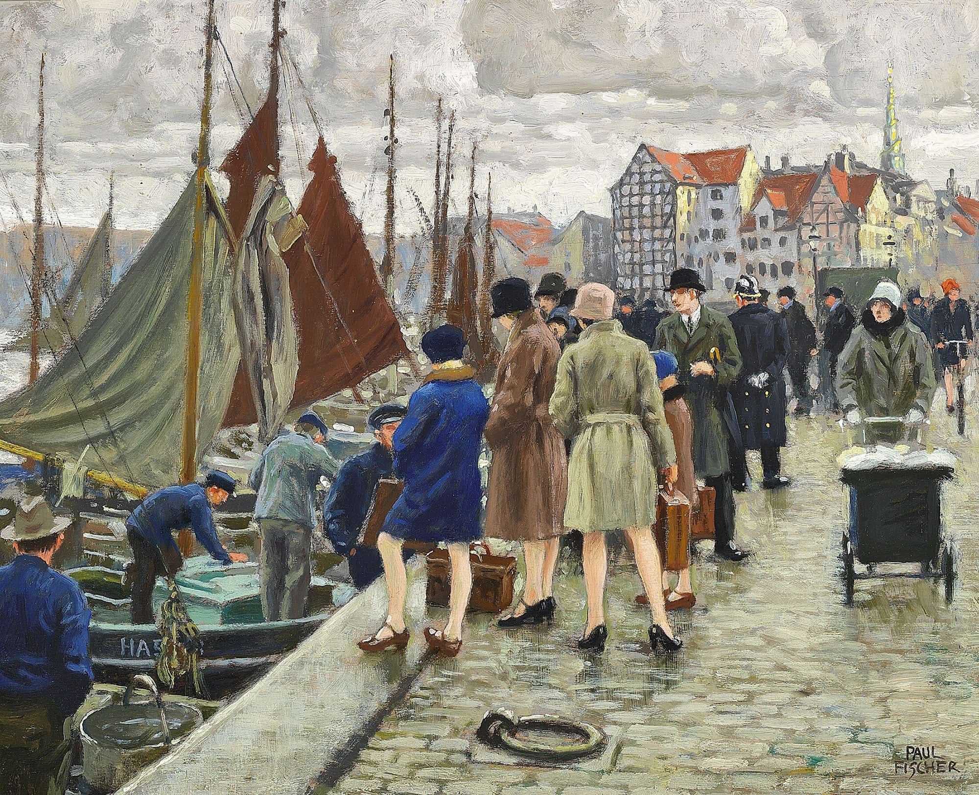 Elegante Damer Med Klokkehatte Kober Fisk by Paul Fischer