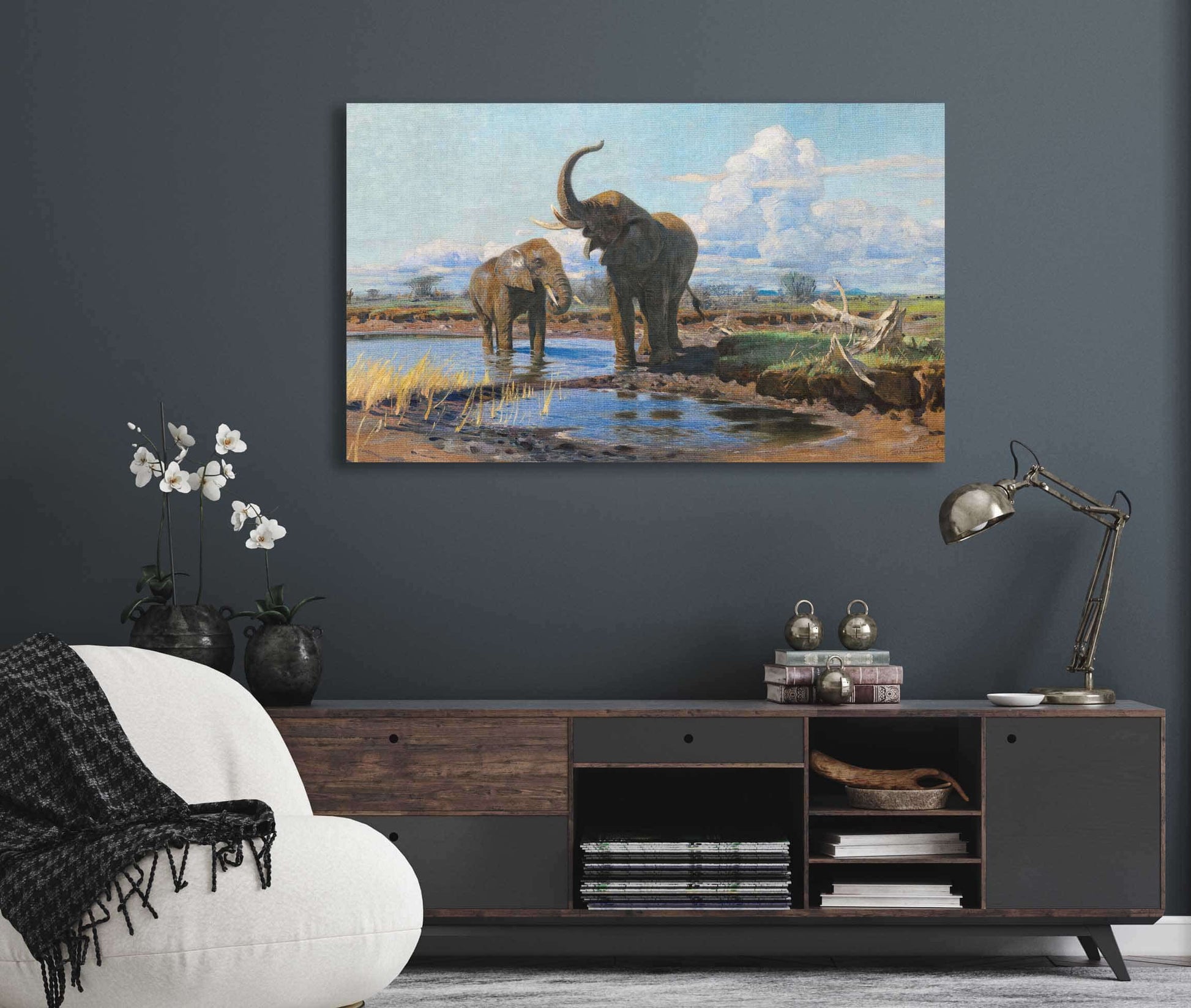 Elephants At A Waterhole by Wilhelm Kuhnert