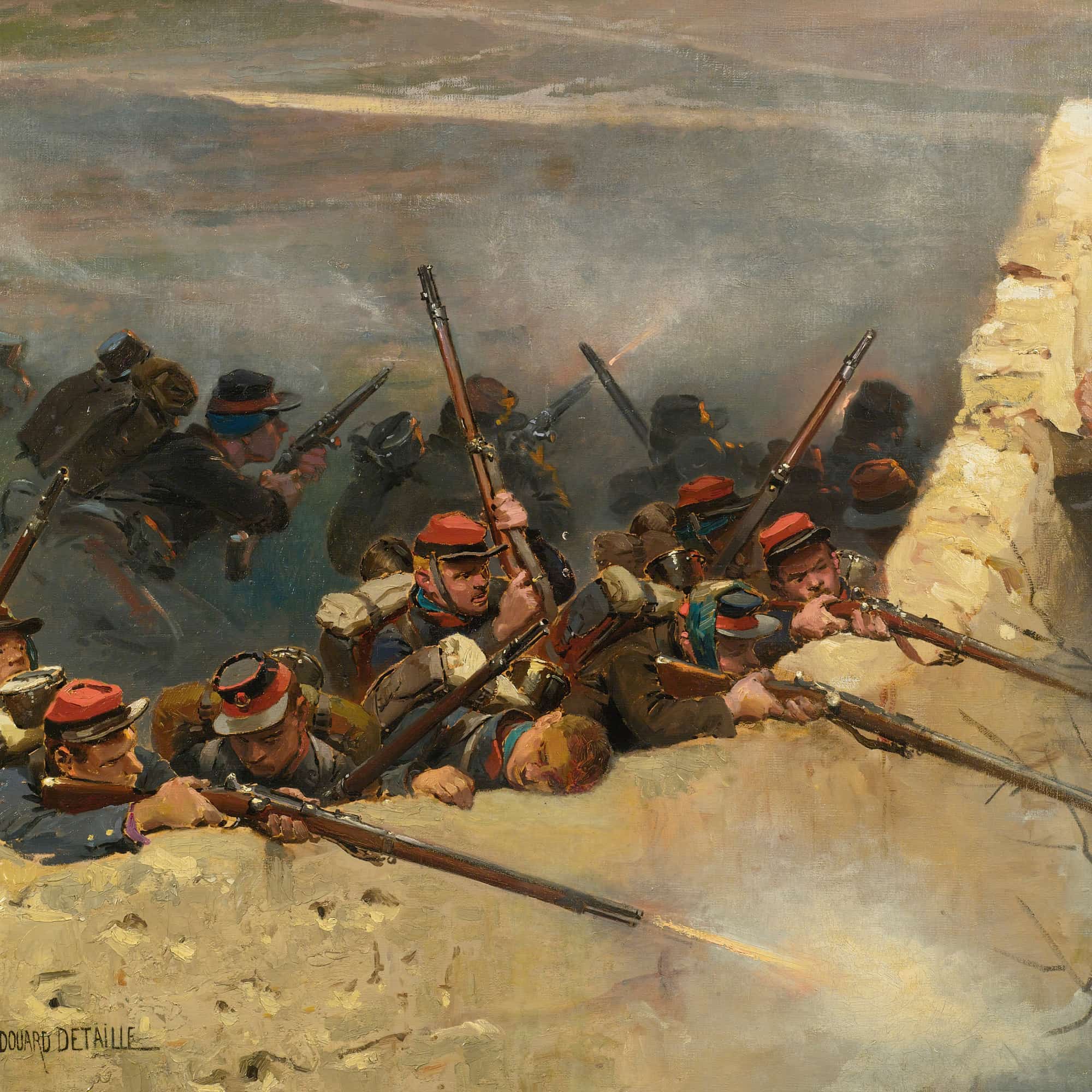Embusques Derriere Un Mur. Fantassins De La Ligne A Fragment From The Panorama Of The Battle Of Champigny by Jean Baptiste Edouard Detaille