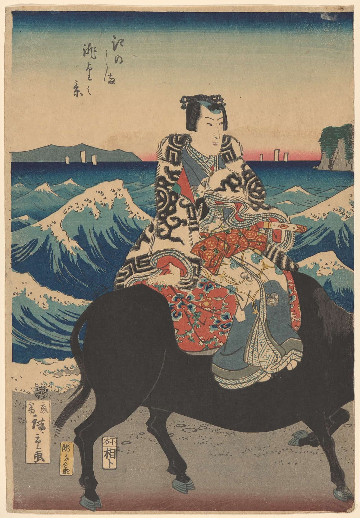 Enoshima Island Figure On An Ox Waves by Ando Hiroshige