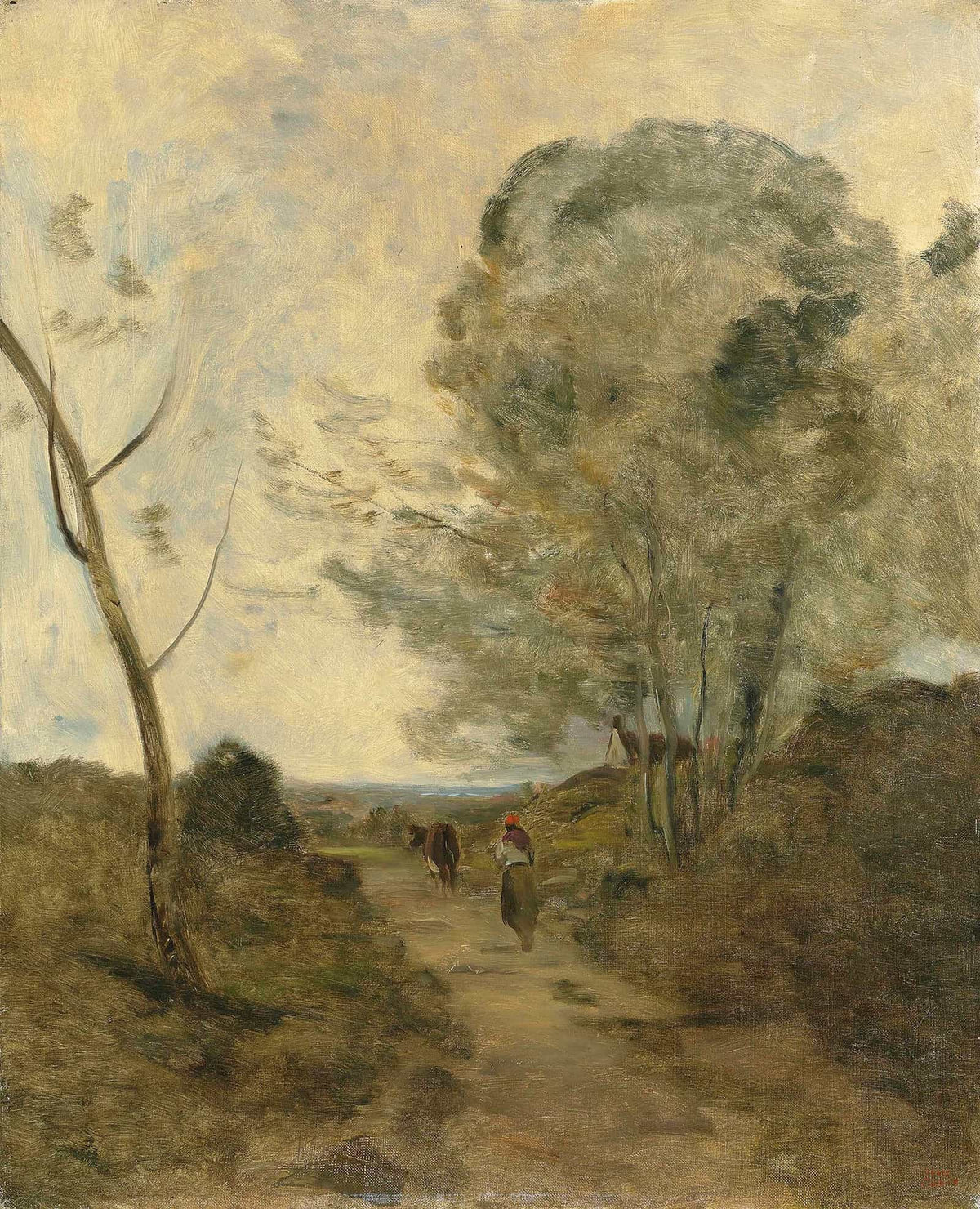 Environs Darleux Paysanne Conduisant Une Vache Au Paturage Effet De Matin by Jean Baptiste Camille Corot