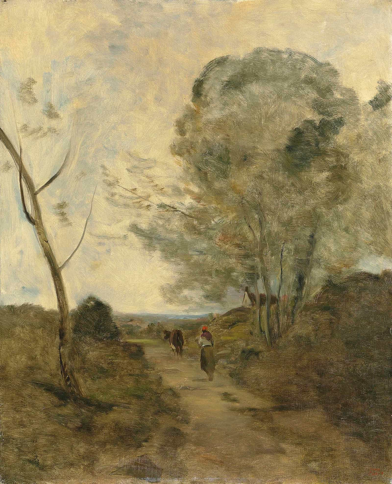 Environs Darleux Paysanne Conduisant Une Vache Au Paturage Effet De Matin by Jean Baptiste Camille Corot