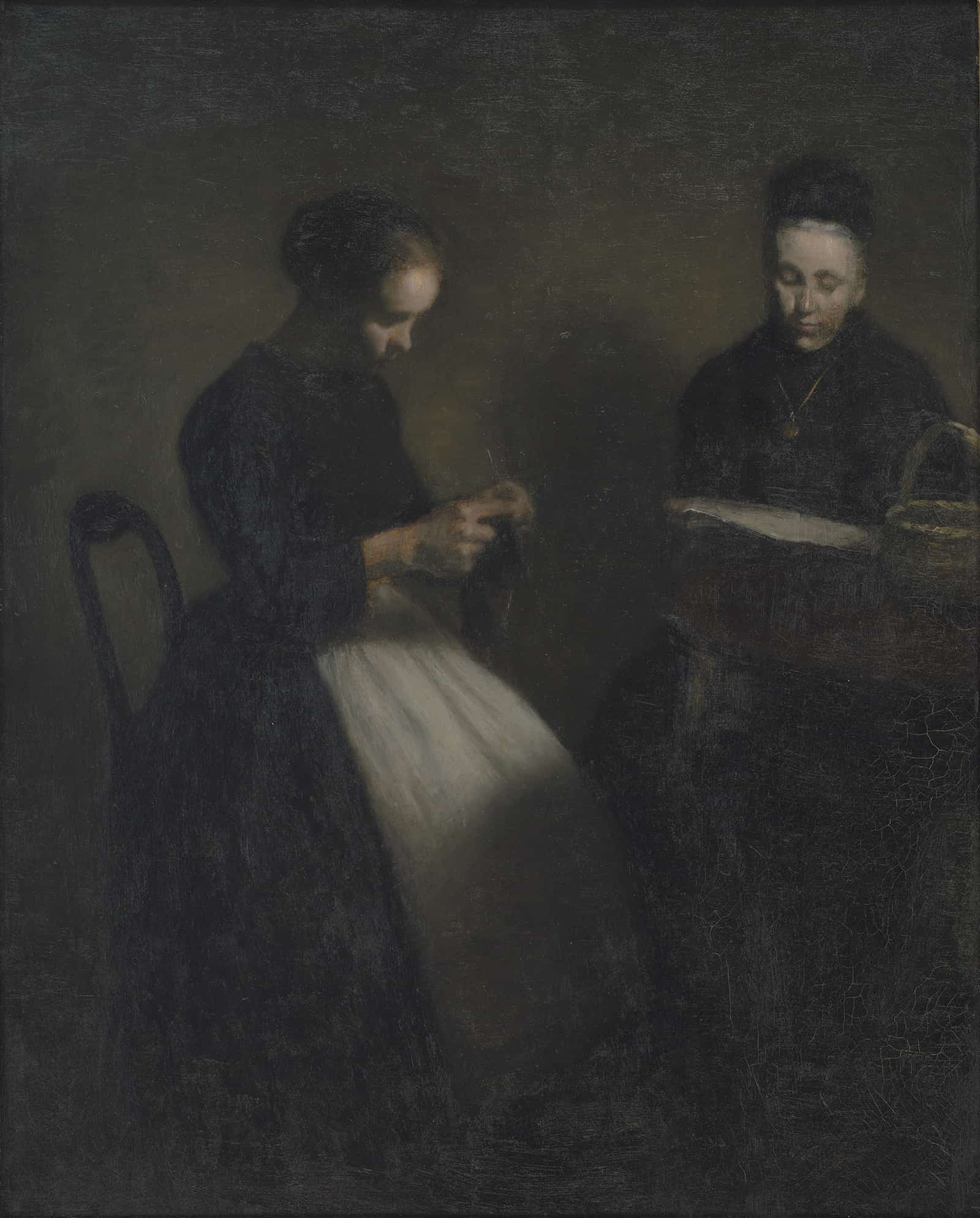 Evening In The Drawing Room The Artists Mother And Wife by Vilhelm Hammershoi