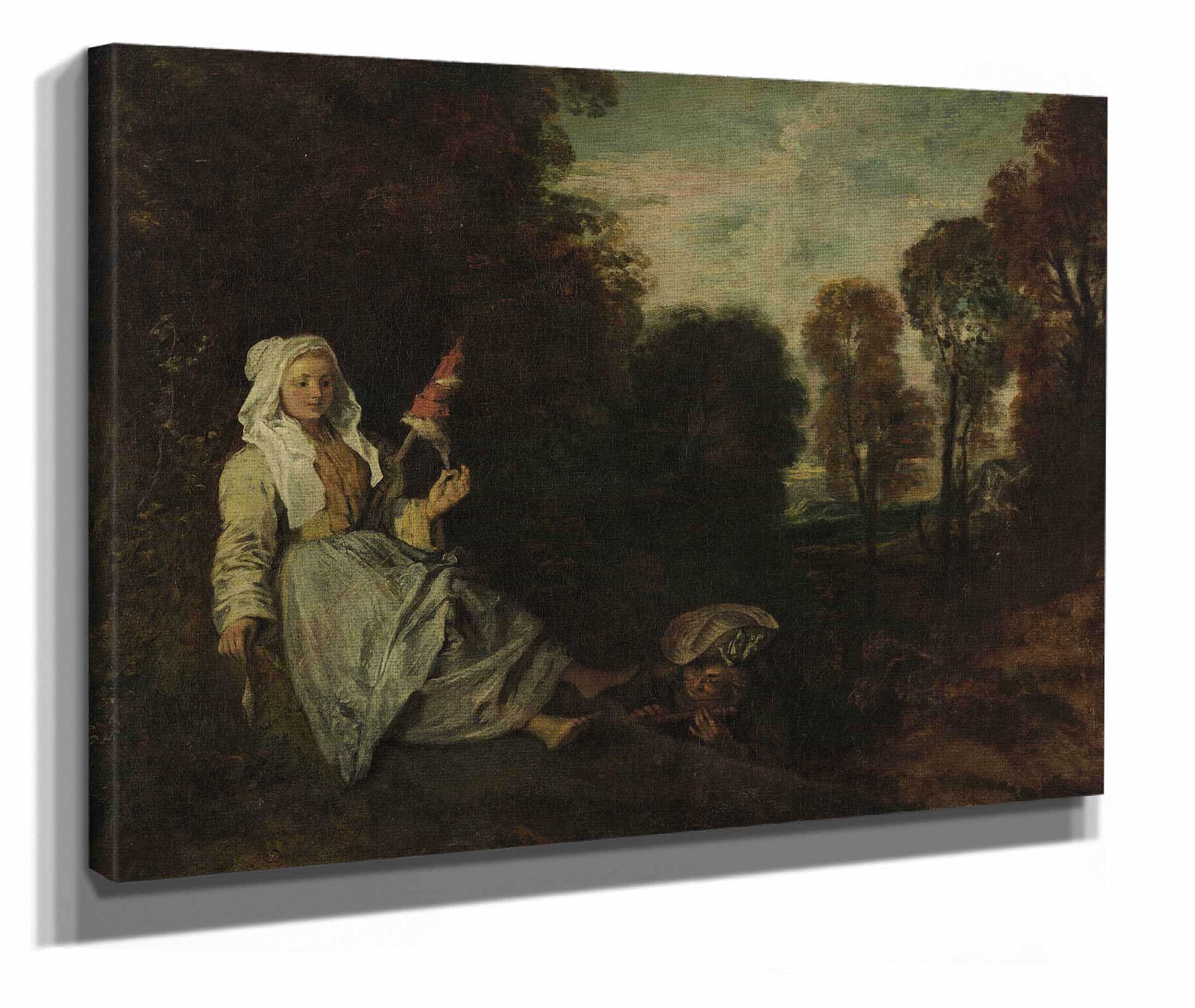Evening Landscape With Spinner by Jean Antoine Watteau