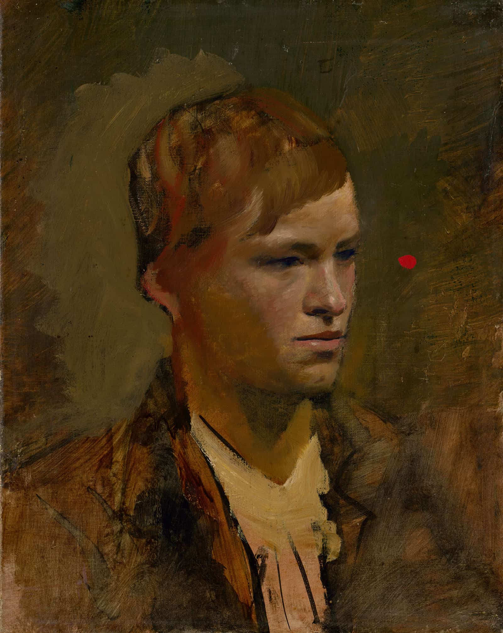 Fair Headed Boy With Red Point In The Background   by Ladislav Mednyanszky