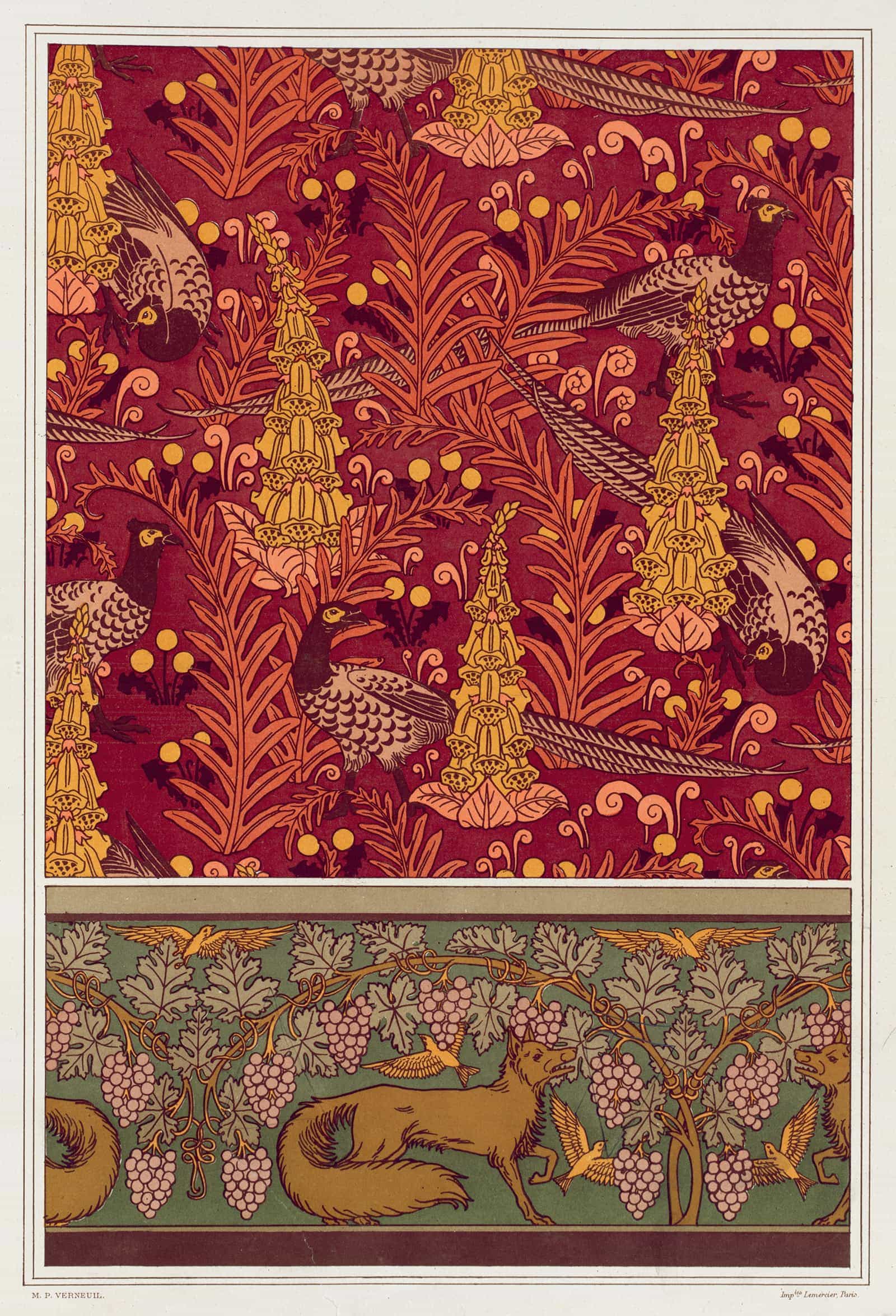 Faisans Ordinaires Digitales Fougeres Et Pissenlit Etoffe Imprimee Renard Oiseaux Et Vigne Bordure by Maurice Pillard Verneuil