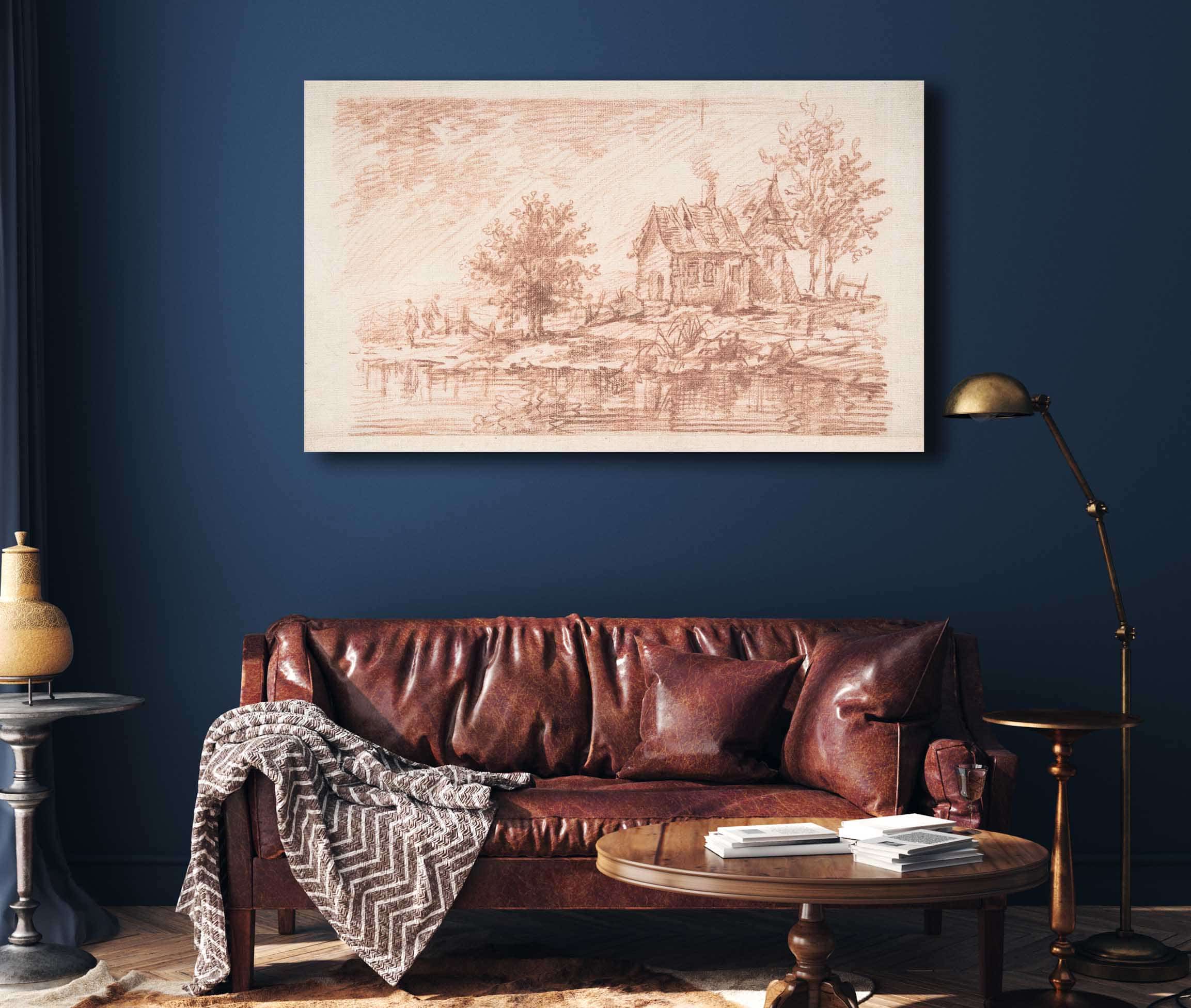Farm House Along A River Two Figures At Left by Jean Antoine Watteau