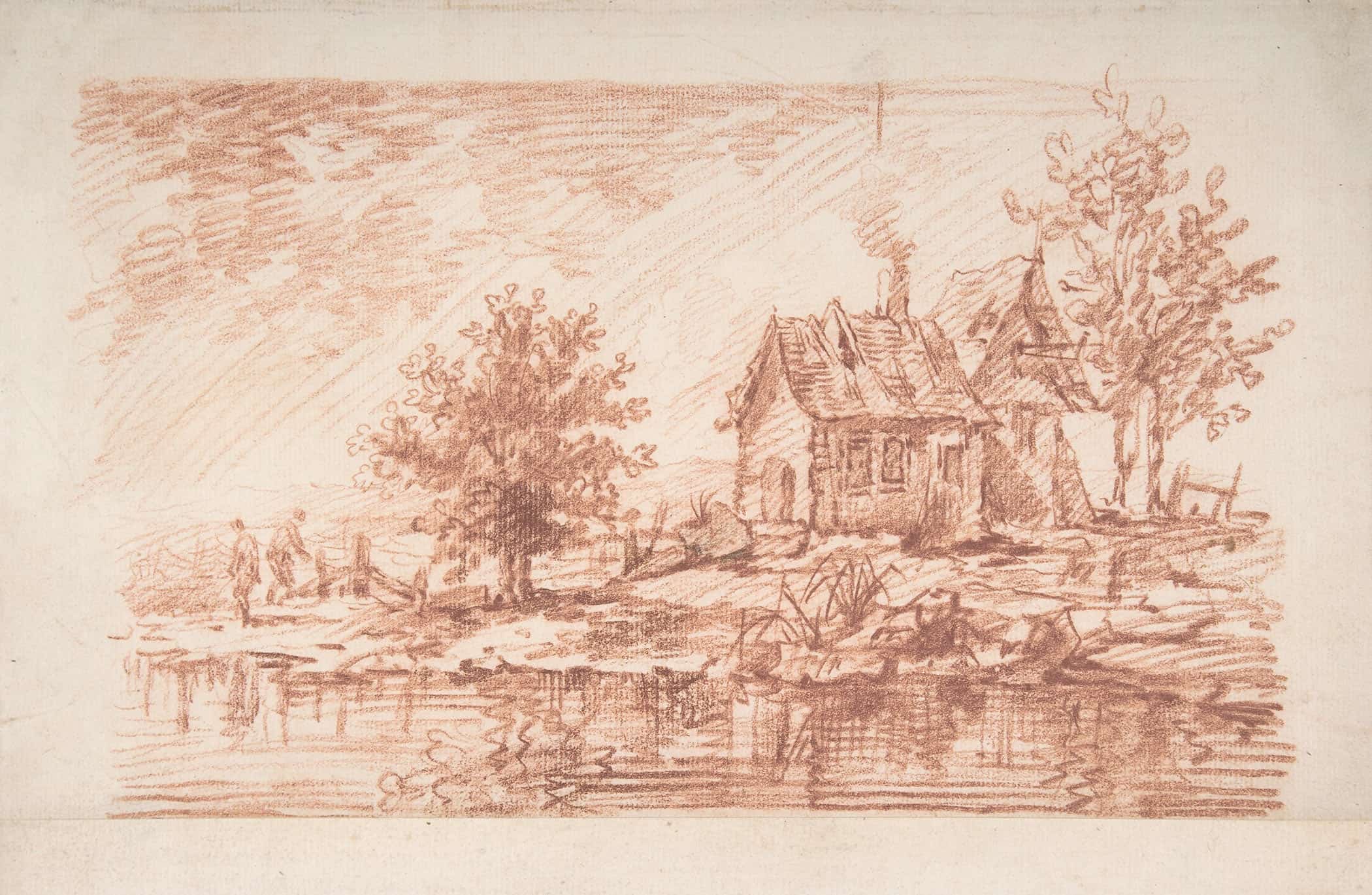 Farm House Along A River Two Figures At Left by Jean Antoine Watteau