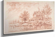 Farm House Along A River Two Figures At Left by Jean Antoine Watteau