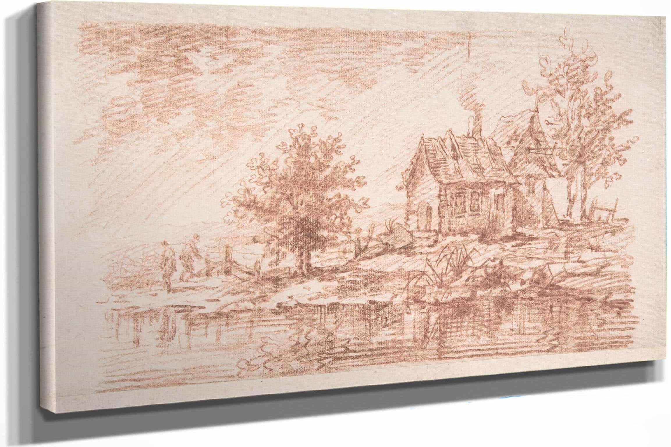 Farm House Along A River Two Figures At Left by Jean Antoine Watteau