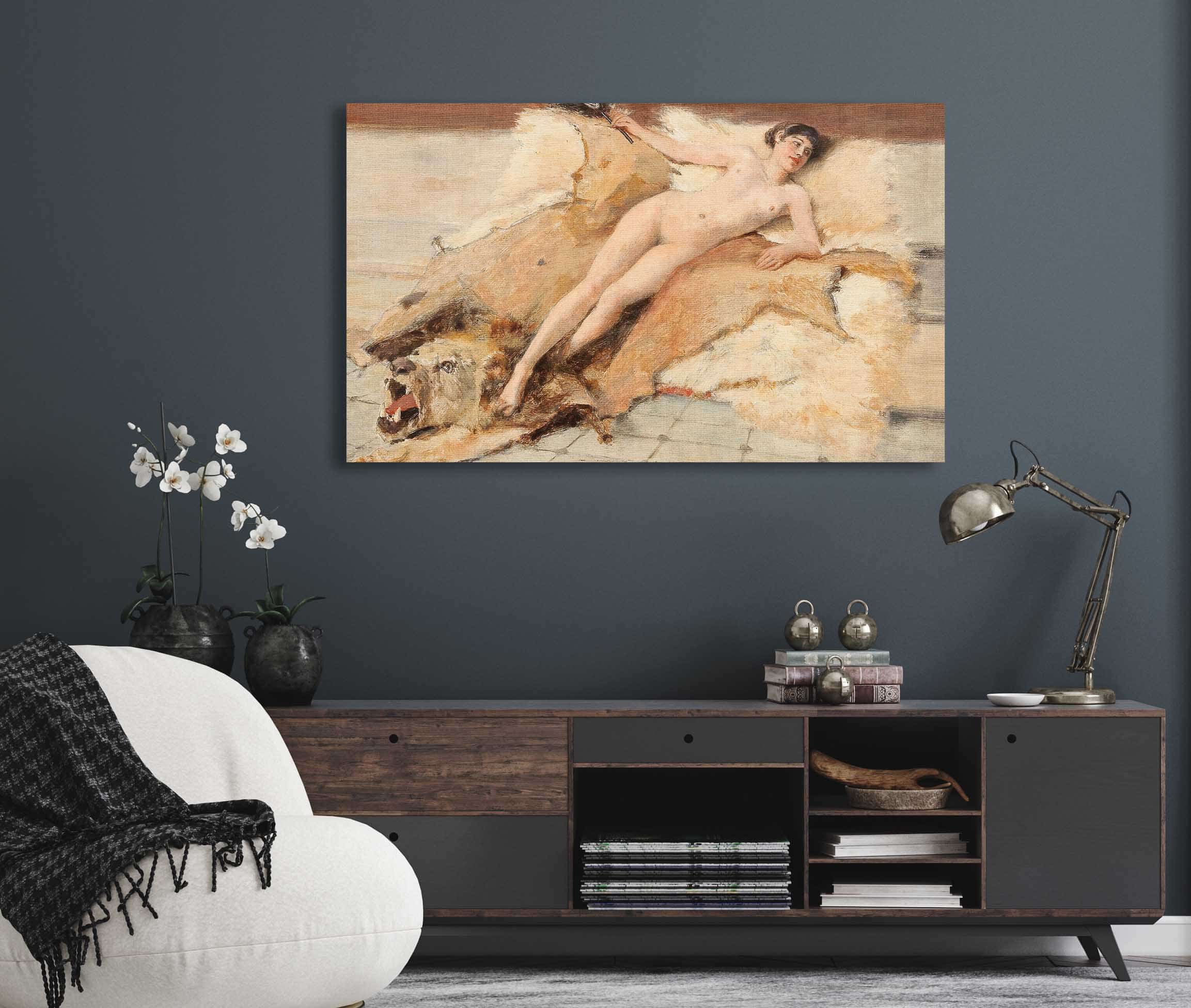 Female Nude On A Lion Pelt By Albert Von Keller