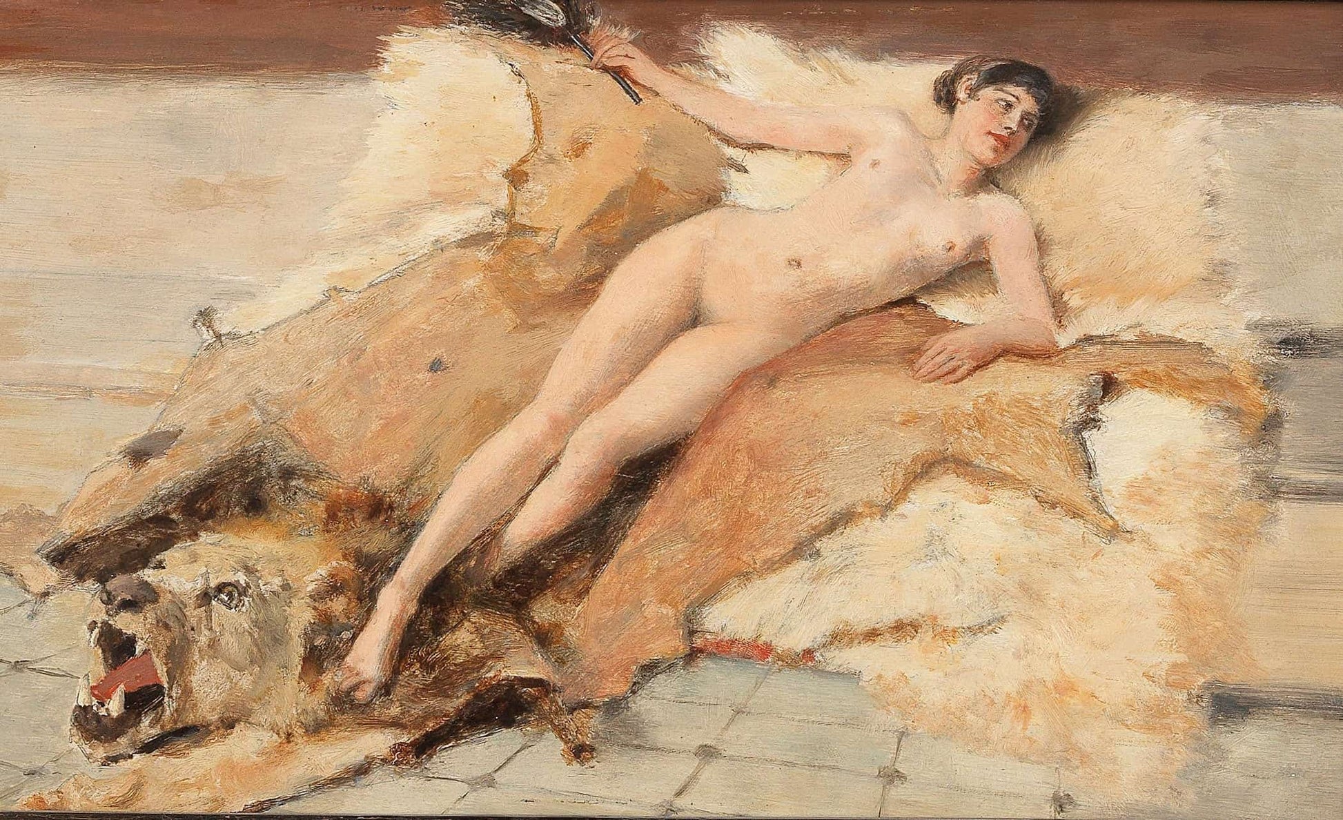 Female Nude On A Lion Pelt By Albert Von Keller