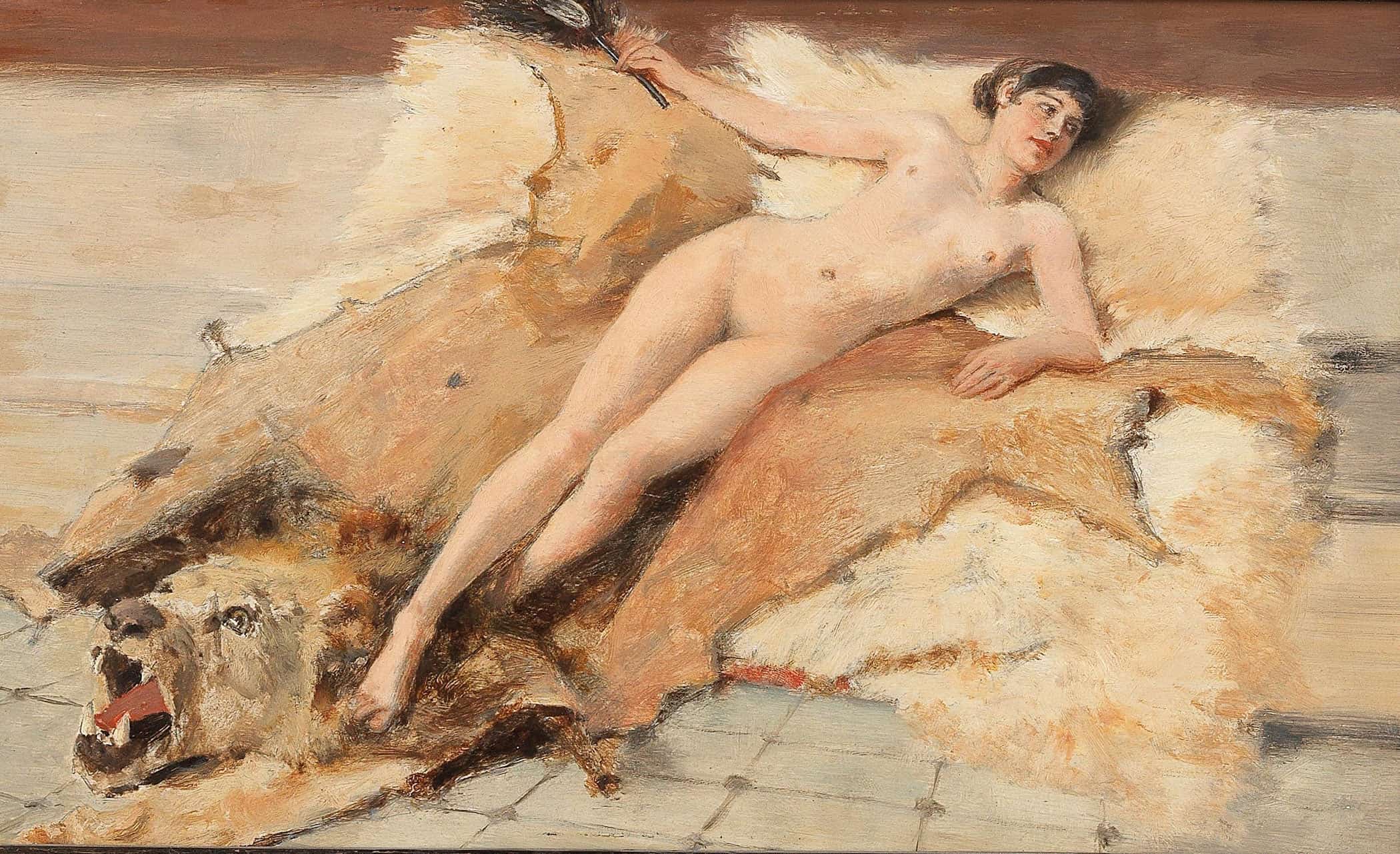 Female Nude On A Lion Pelt By Albert Von Keller