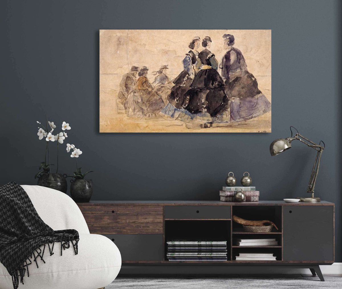 Femme Assise Et Divers Personnages Au Bord De La Mer by Eugene Boudin