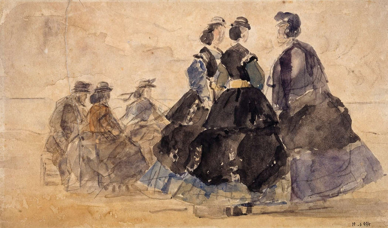 Femme Assise Et Divers Personnages Au Bord De La Mer by Eugene Boudin