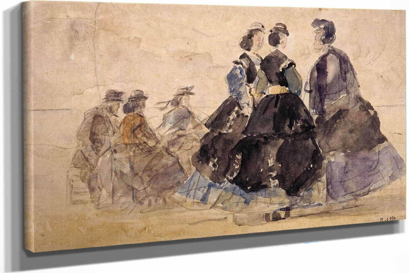 Femme Assise Et Divers Personnages Au Bord De La Mer by Eugene Boudin