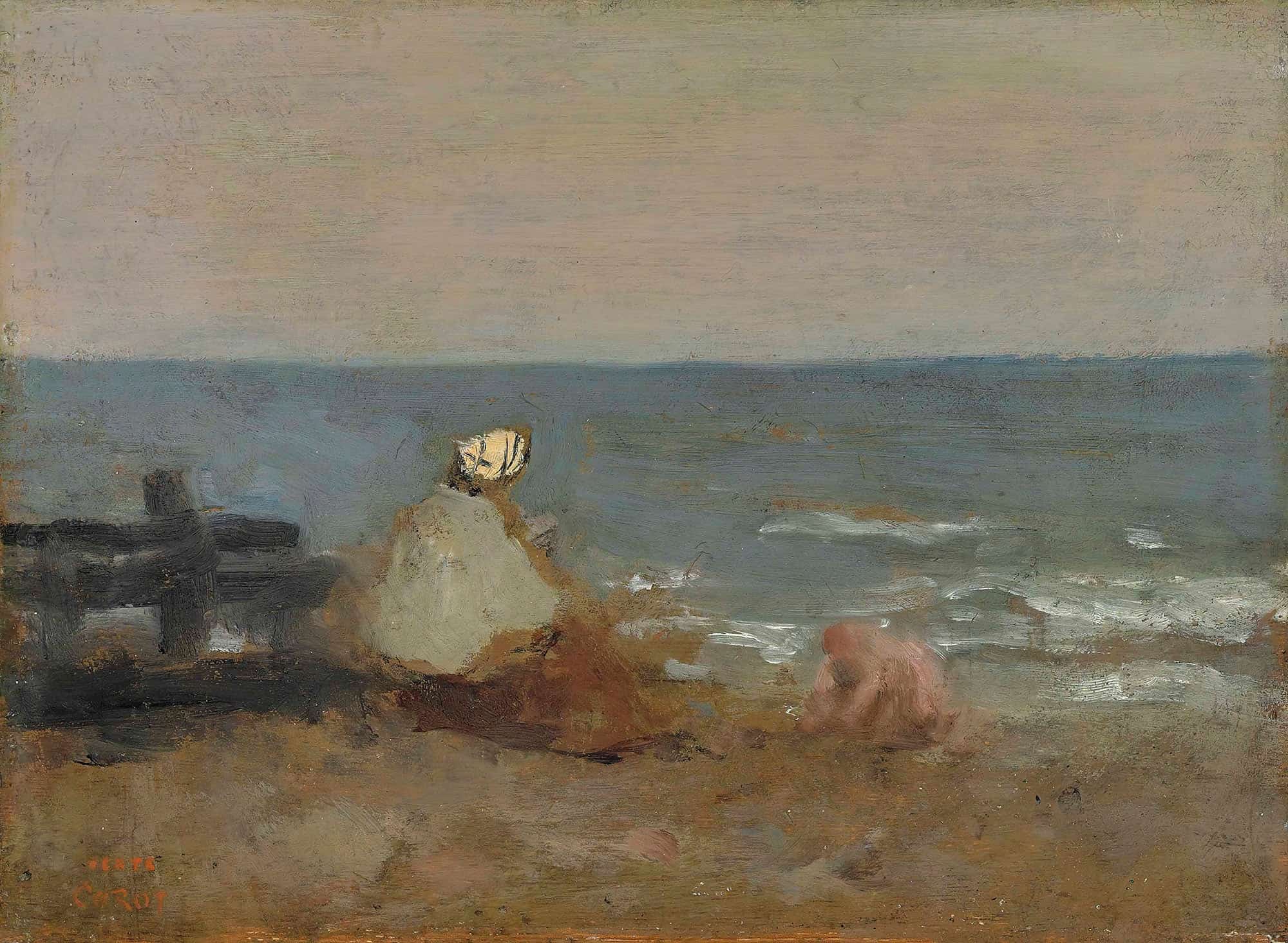 Femme Et Enfant Au Bord De La Mer Etretat by Jean Baptiste Camille Corot