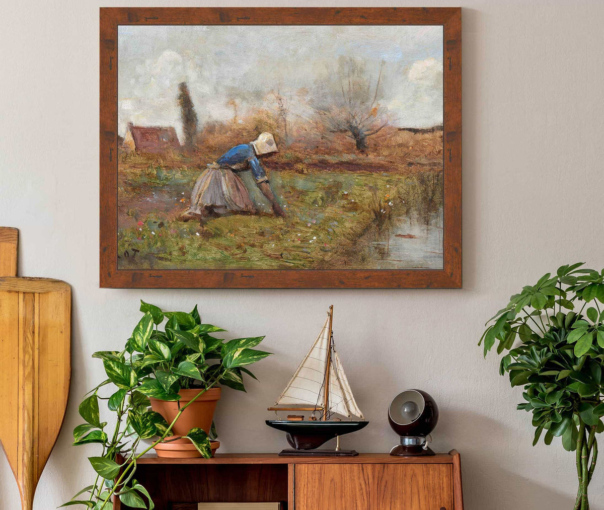 Fermiere Agenouillee Cueillant Des Pissenlits by Jean Baptiste Camille Corot