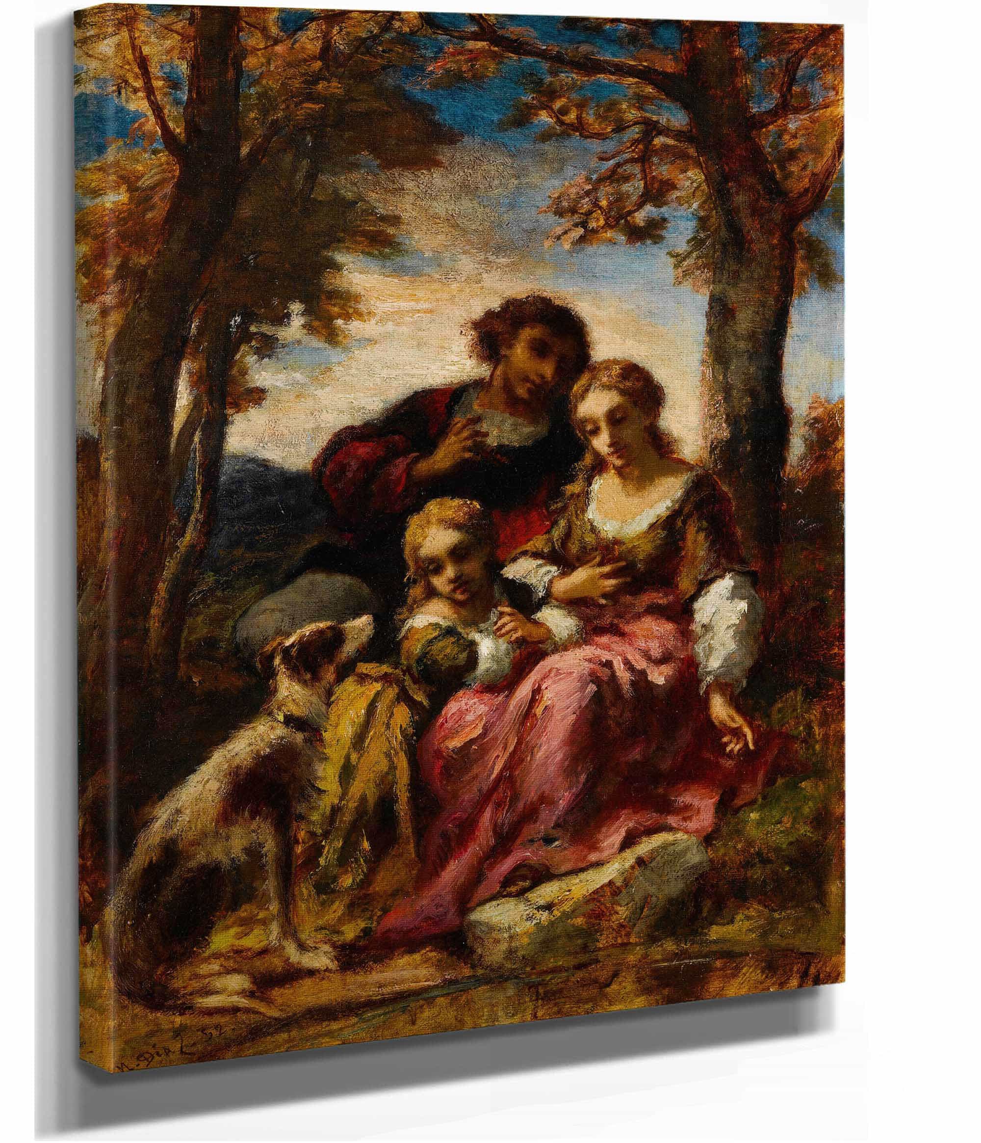 Figures And A Dog In A Landscape by Narcisse Virgile Diaz De La Pena