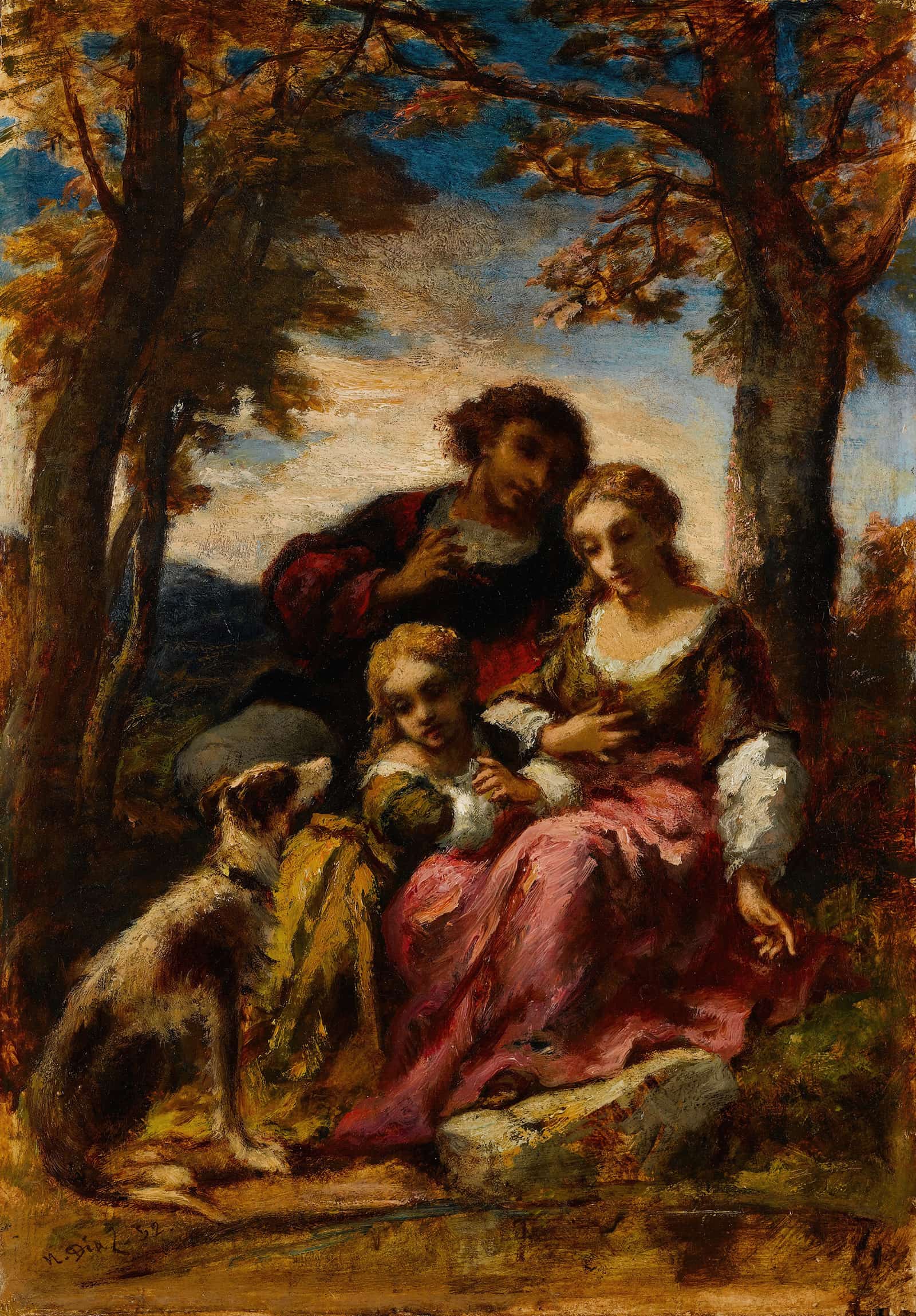 Figures And A Dog In A Landscape by Narcisse Virgile Diaz De La Pena