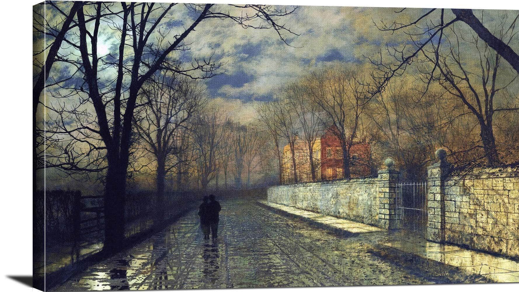 Figures In A Moonlit Lane After Rain Painting John Grimshaw Canvas Art, A  Moonlit Lane