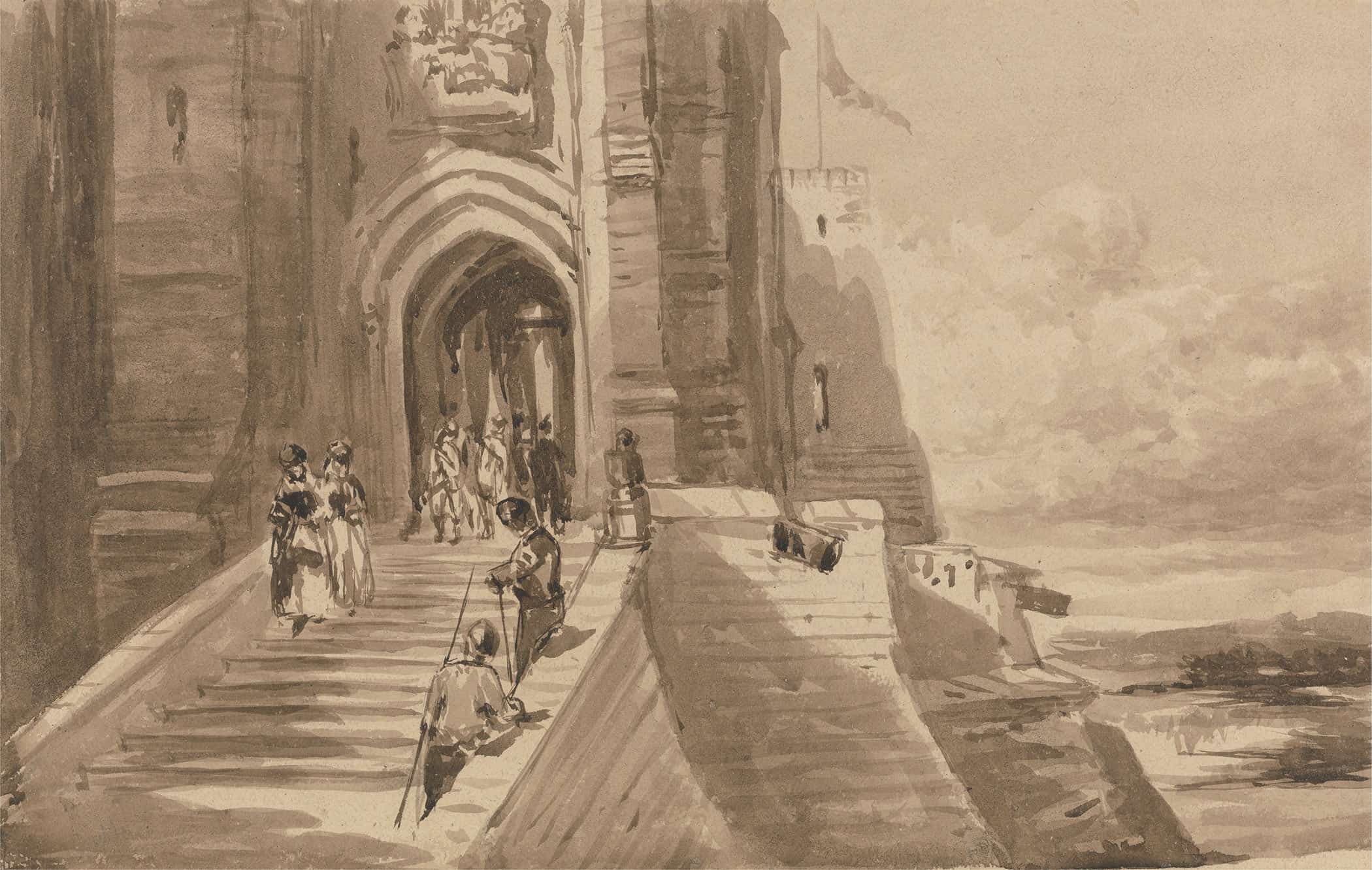 Figures On The Outer Staircase Of A Castle by David Cox