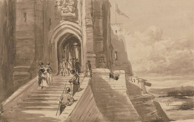 Figures On The Outer Staircase Of A Castle by David Cox