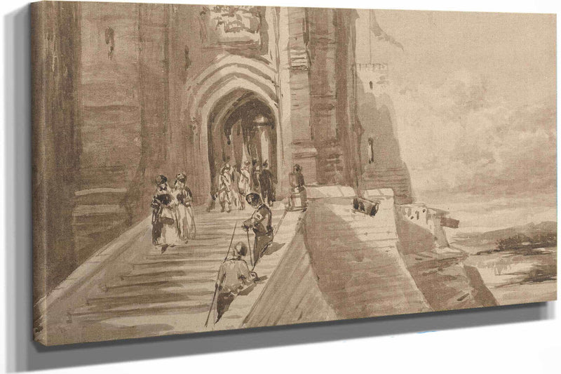 Figures On The Outer Staircase Of A Castle by David Cox