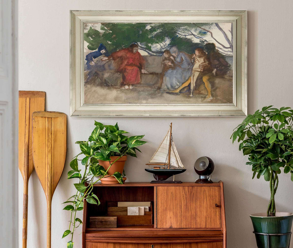 Figures Seated Along An Outdoor Bench by Edwin Austin Abbey