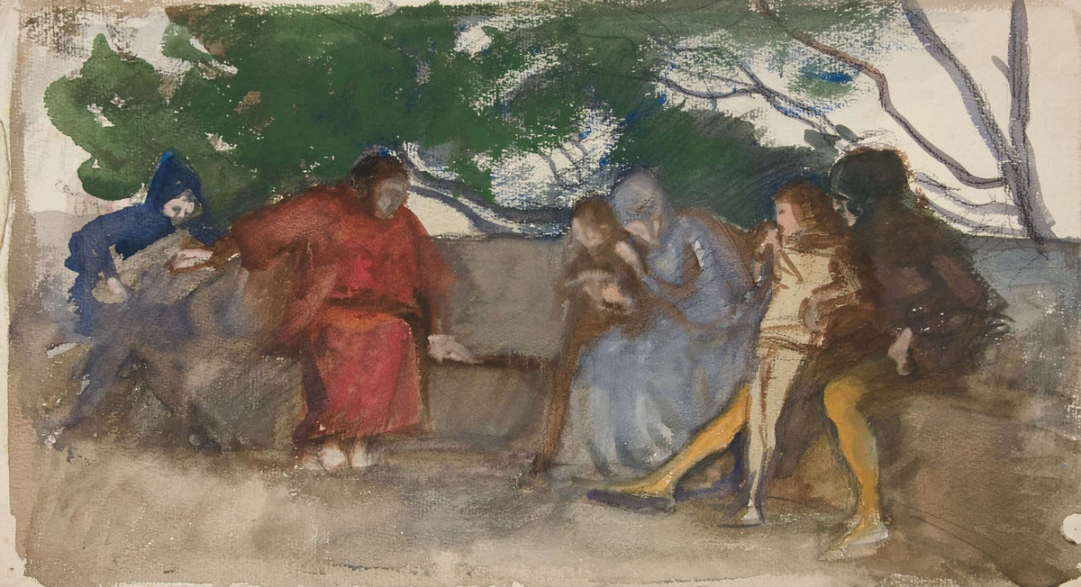 Figures Seated Along An Outdoor Bench by Edwin Austin Abbey