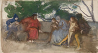 Figures Seated Along An Outdoor Bench by Edwin Austin Abbey