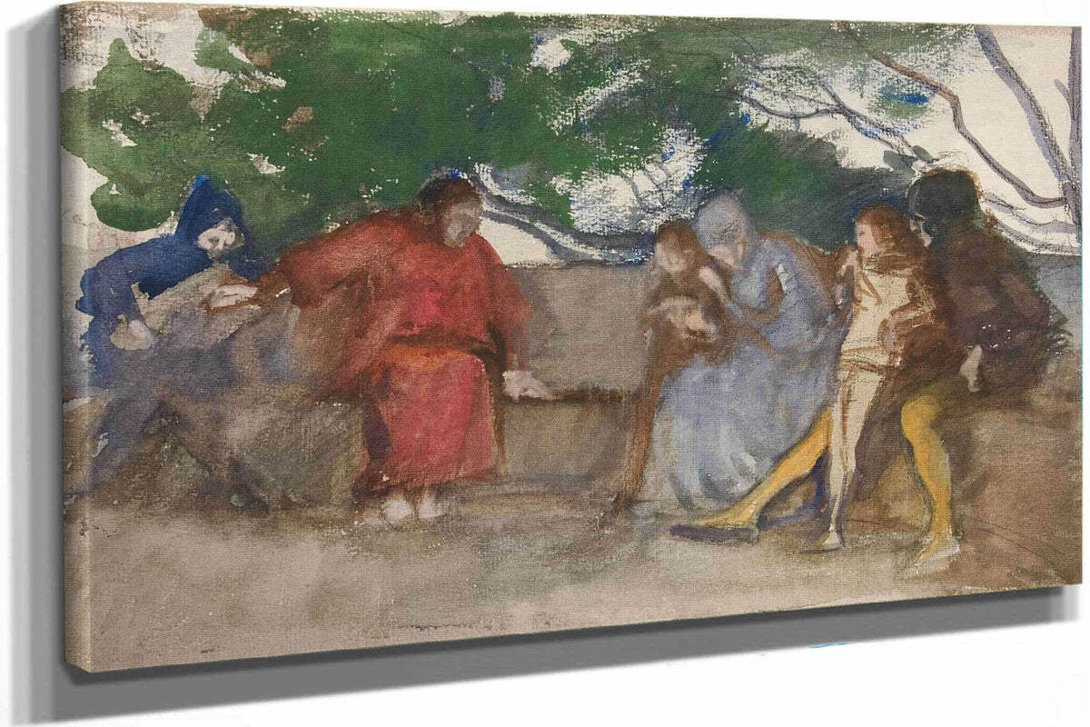 Figures Seated Along An Outdoor Bench by Edwin Austin Abbey