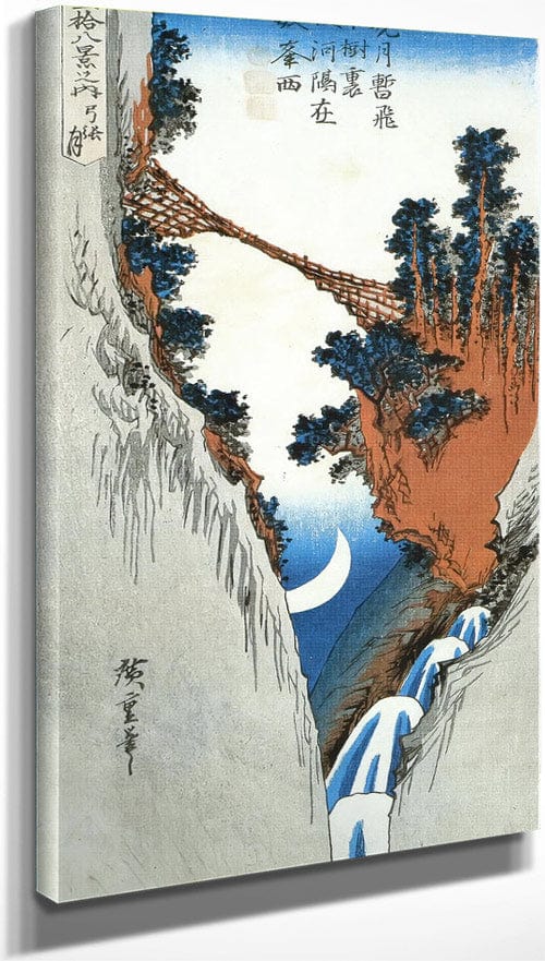10" x 20" / Canvas Wrap A Bridge Across A Deep Gorge By Hiroshige Fine Art Print