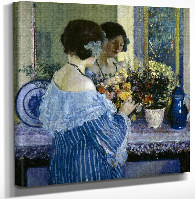 12" x 12" / Canvas Wrap Girl In Blue Arranging Flowers By Frederick Carl Frieseke Fine Art Print