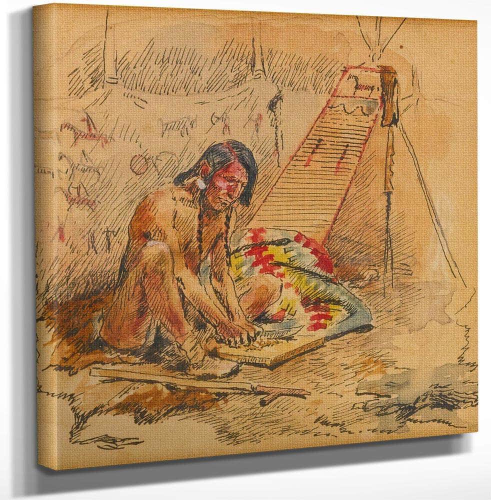 12" x 12" / Canvas Wrap Indian Preparing A Pipe By Charles Marion Russell Fine Art Print