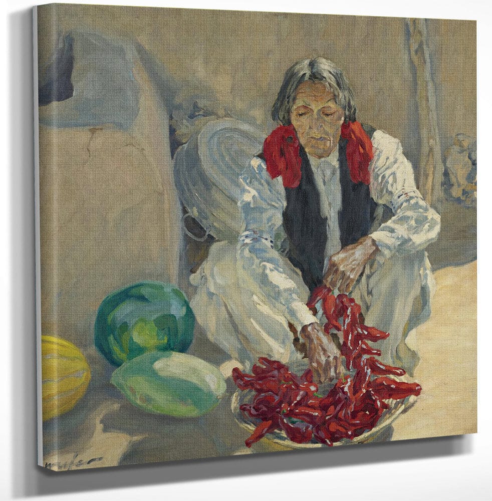12" x 12" / Canvas Wrap Stringing Chili Peppers By Walter Ufer Fine Art Print
