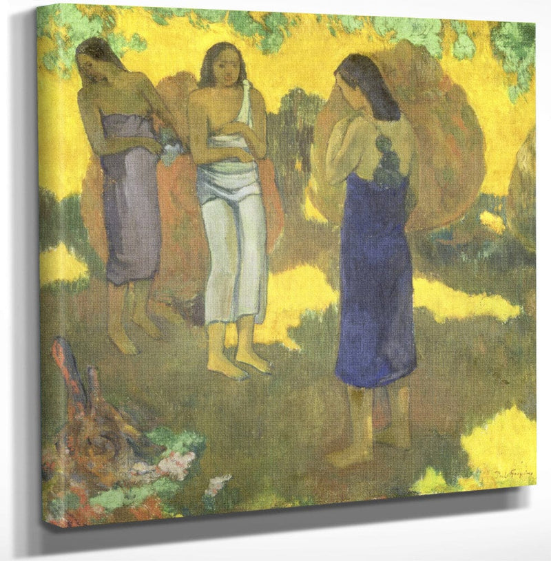 12" x 12" / Canvas Wrap Three Tahitian Women Against A Yellow Background By Eugene Henri Paul Gauguin Fine Art Print