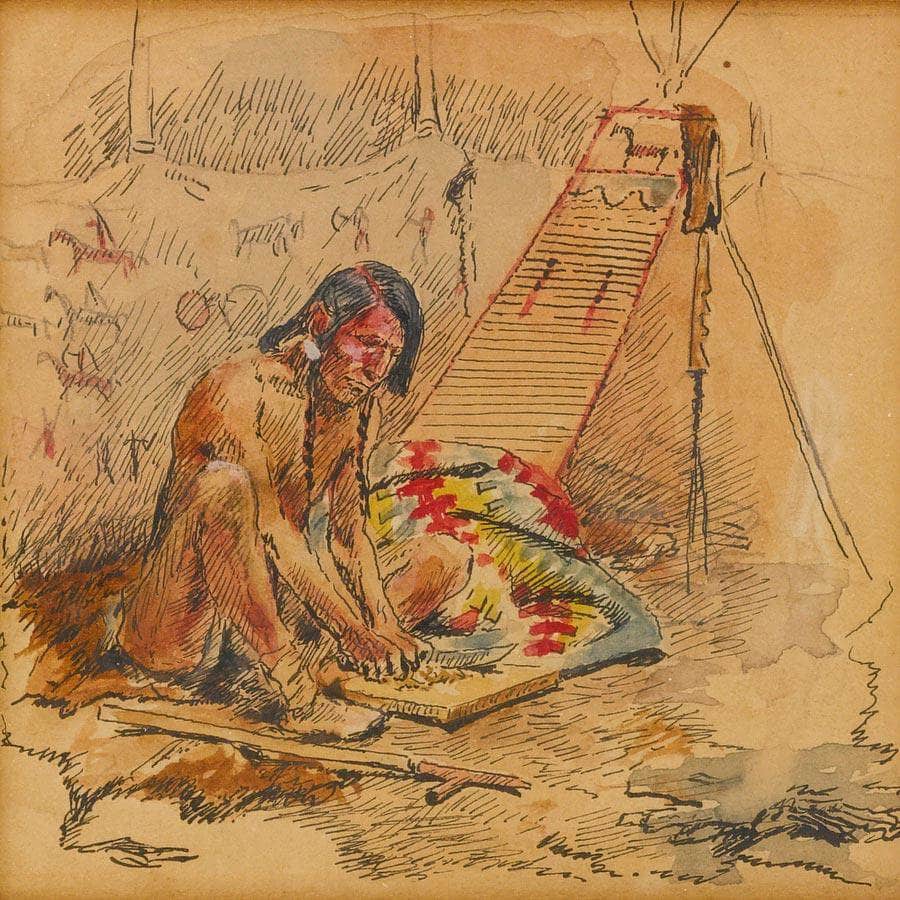 12" x 12" / Fine Art Paper Indian Preparing A Pipe By Charles Marion Russell Fine Art Print