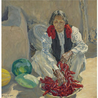 12" x 12" / Fine Art Paper Stringing Chili Peppers By Walter Ufer Fine Art Print