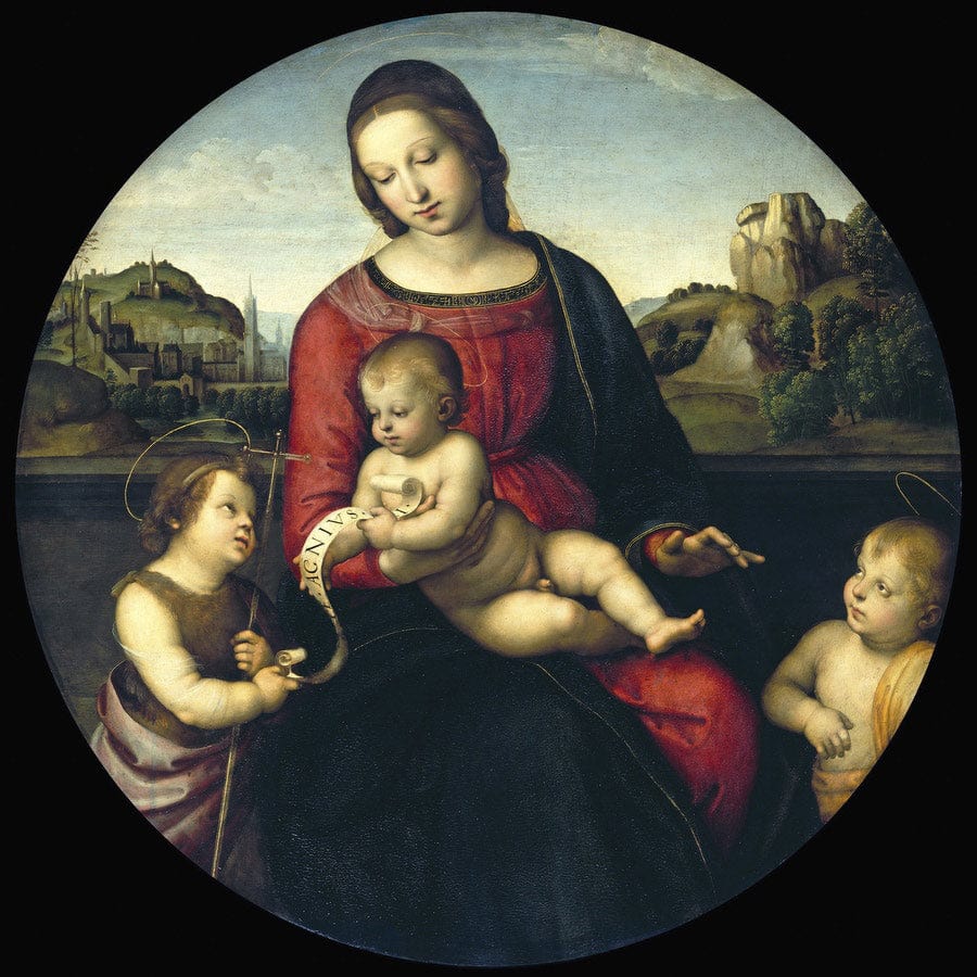 12" x 12" / Fine Art Paper Tondo Of The Virgin And Child With John The Baptist And A Holy Boy (The Madonna Terrranuova) By Raphael Fine Art Print