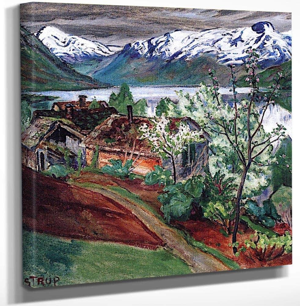 18" x 24" / Canvas Wrap Landscape With Houses And Blossom Trees By Nicolai Astrup Fine Art Print