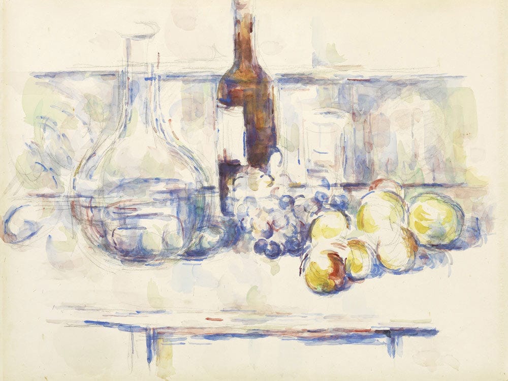 Still Life With Carafe, Bottle, And Fruit (Nature Morte Pommes Et Poires Dans Un Panier Rond) By Paul Cezanne Fine Art Print 2