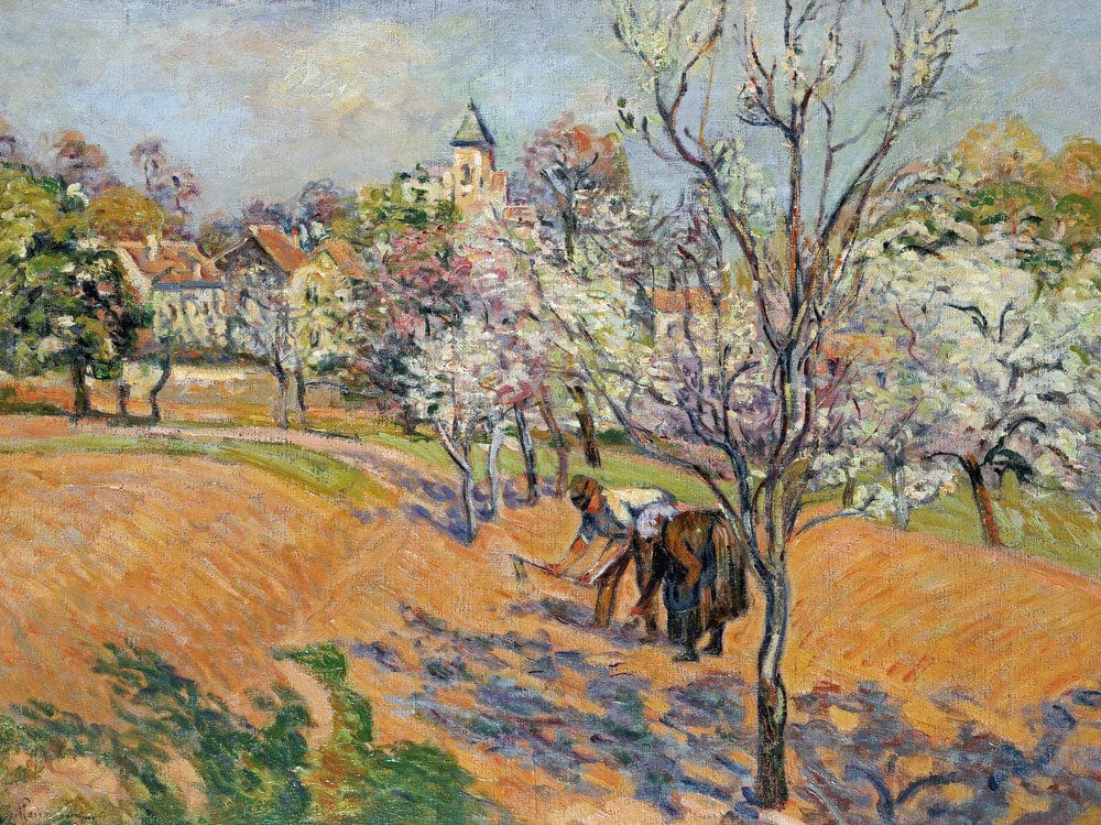 Two Peasants Sowing Haricots In An Orchard In Blossom By Armand Guillaumin Fine Art Print 2